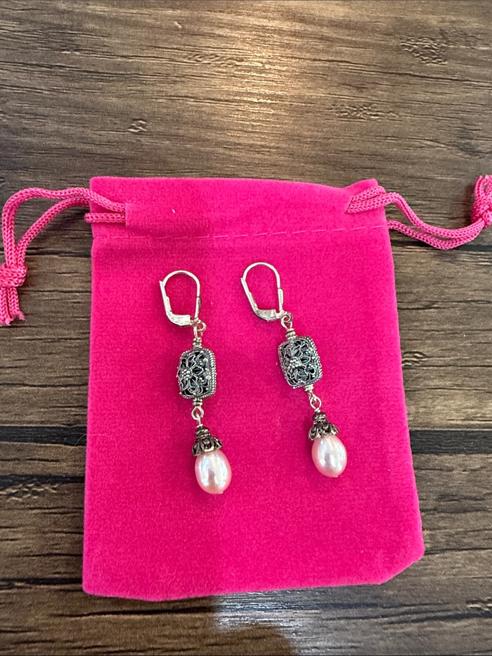 Sterling Silver & Freshwater Pearl Drop Earrings with Filigree Accents